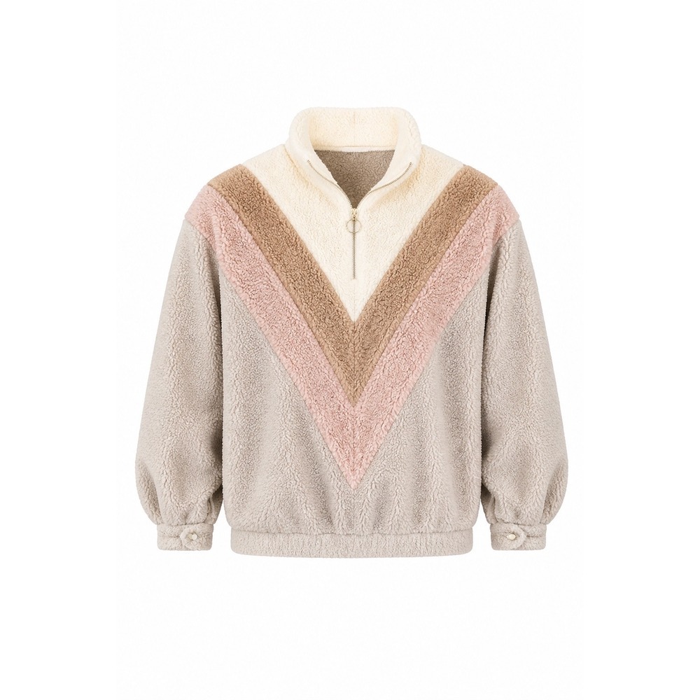 &merci Womens Sherpa Fleece Quarter Zip Pullover Chevron Colorblock Tan Pink M